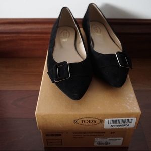 Tod's Black Pointed Toe Buckle Ballet Flats